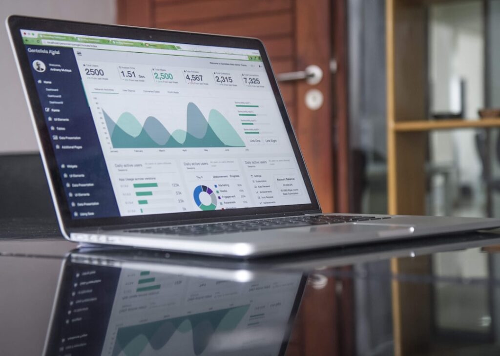 Business analytics dashboard showing charts and data on laptop screen for podcast research and targeting